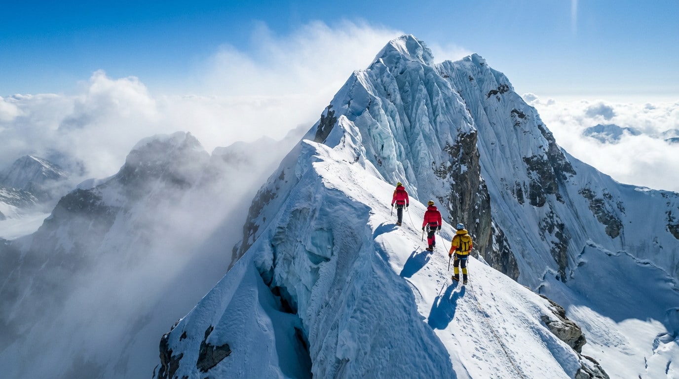 summit ascent treacherous icy mountain ridge